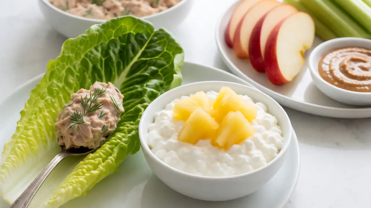 Healthy snacks: tuna lettuce wraps, cottage cheese, apple slices