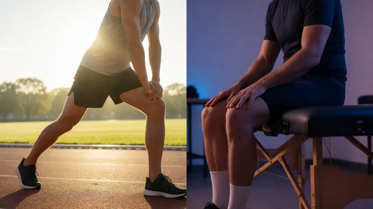 Split view showing a runner stretching before exercise and a cyclist receiving post-workout calf massage.