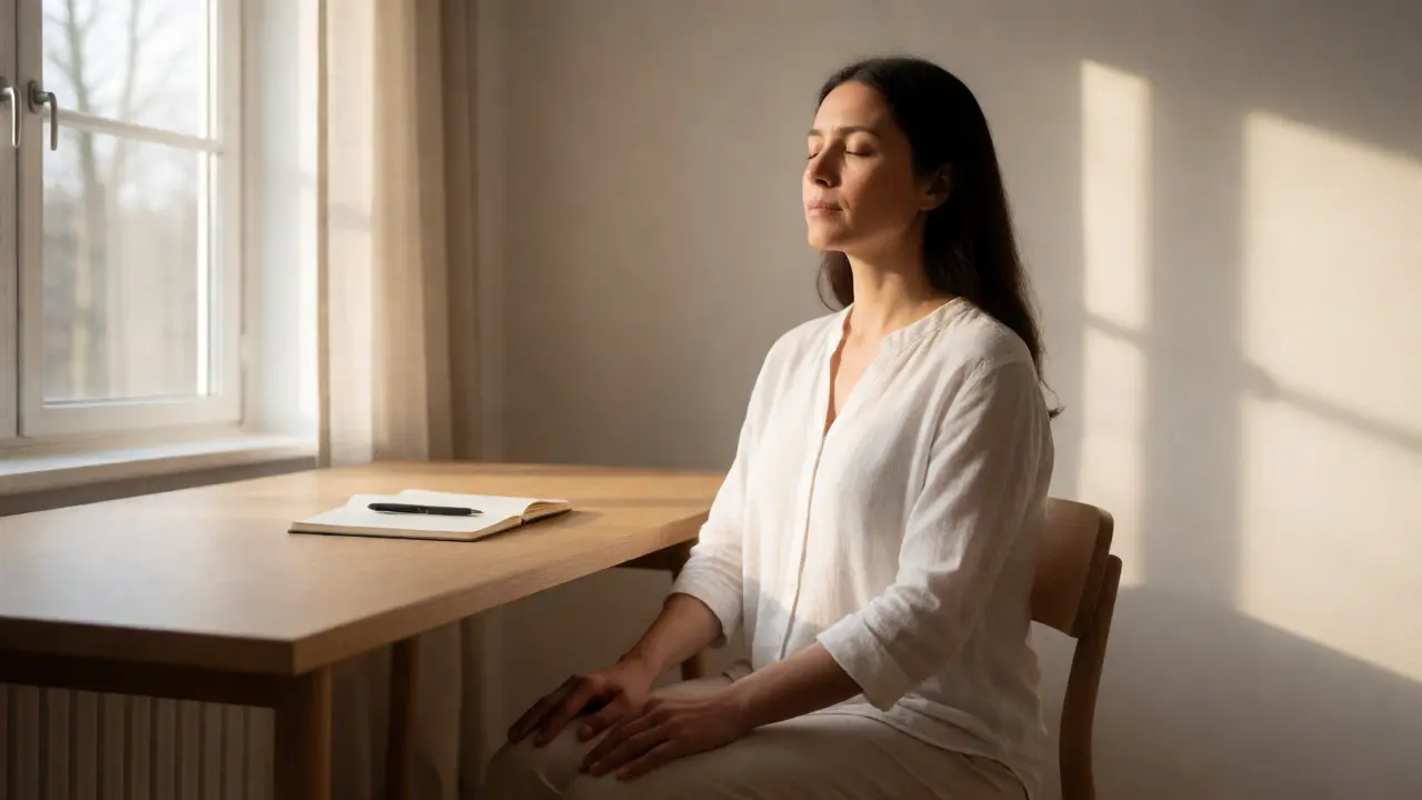 Woman meditating calmly at a sunlit home office desk
